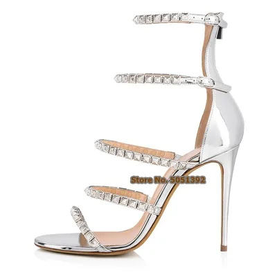 

Women High Heel Diamond Glittering Stiletto Sandals Booties Open Toe Rhinestone Bling Bling Narrow Band Sexy Fashion Dress Shoes