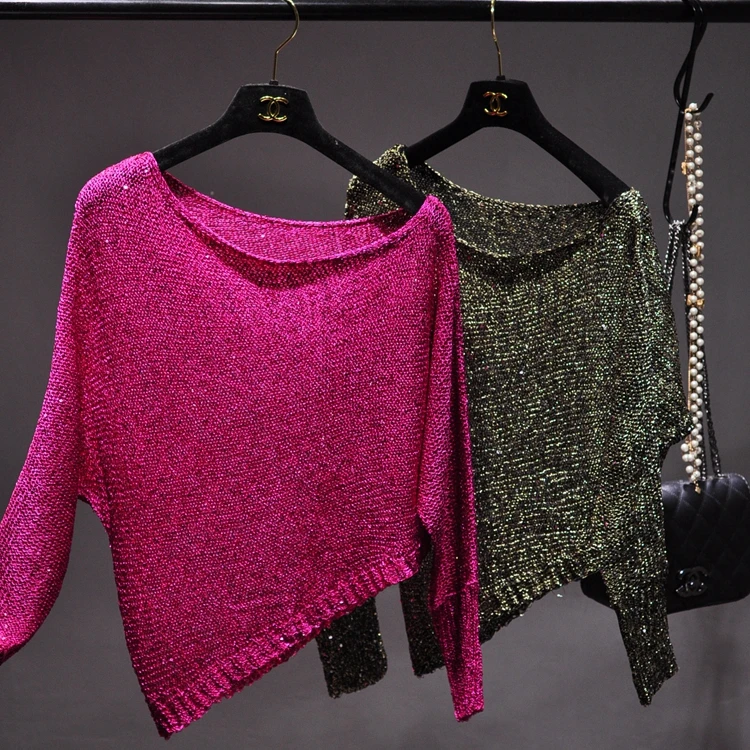 Autumn-Spring Fashion Women Sexy Sequined One Shoulder Loose Sweater Outerwear Pullover Long Sleeve Irregular Knitted Sweaters | Женская