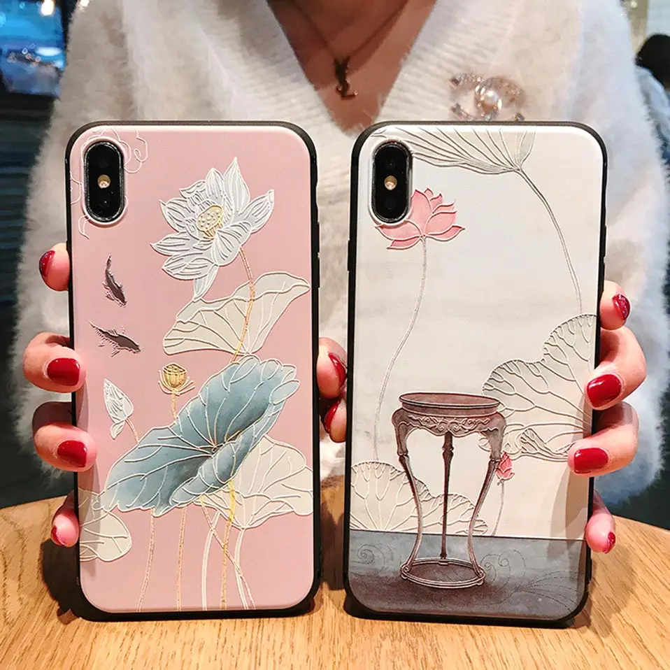 Чехол Emboss в китайском стиле для телефона чехол iPhone 6 S 7 8 Plus Lotus Back X XS XR XSMax Capa |