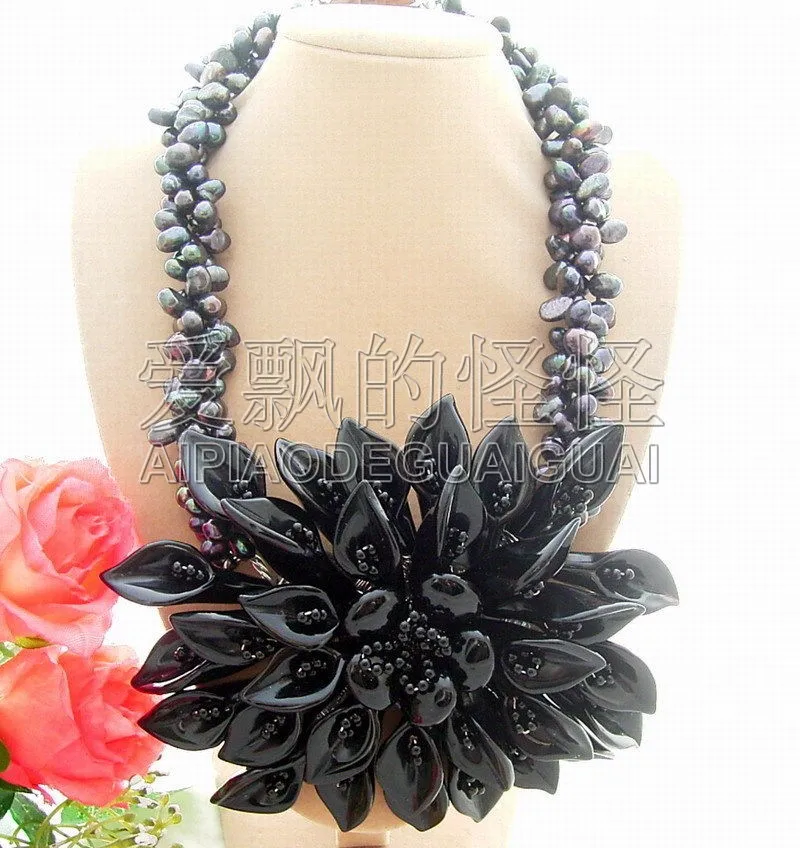 

N051109 19" Black Pearl Onyx Flower Statement Necklace