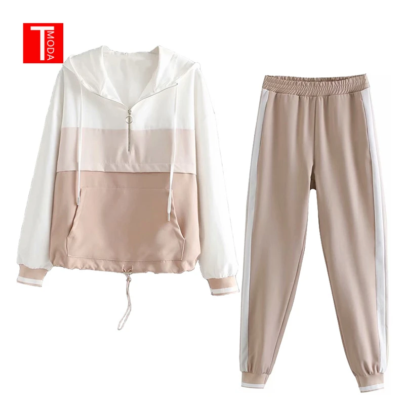 Offerte Set Femminile Vintage Rosa di Colore di Contrasto Da Baseball Bomber Delle Donne del Rivestimento Pullover Magliette e camicette e Matita Pantaloni Da Jogging Si Adatta A Due Pezzi Set