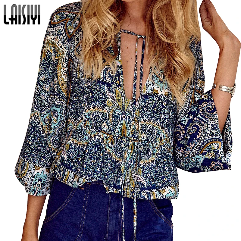 Женская блузка с длинным рукавом и принтом голубая|clothing divider|clothing velvetclothing fads |