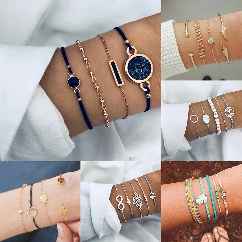 

Adjustable Earth Map Silver Beads Golden 1Set Boho Oval Stone Infinite Shell Gifts Alloy 7 Colors Bracelets Set Party Heart