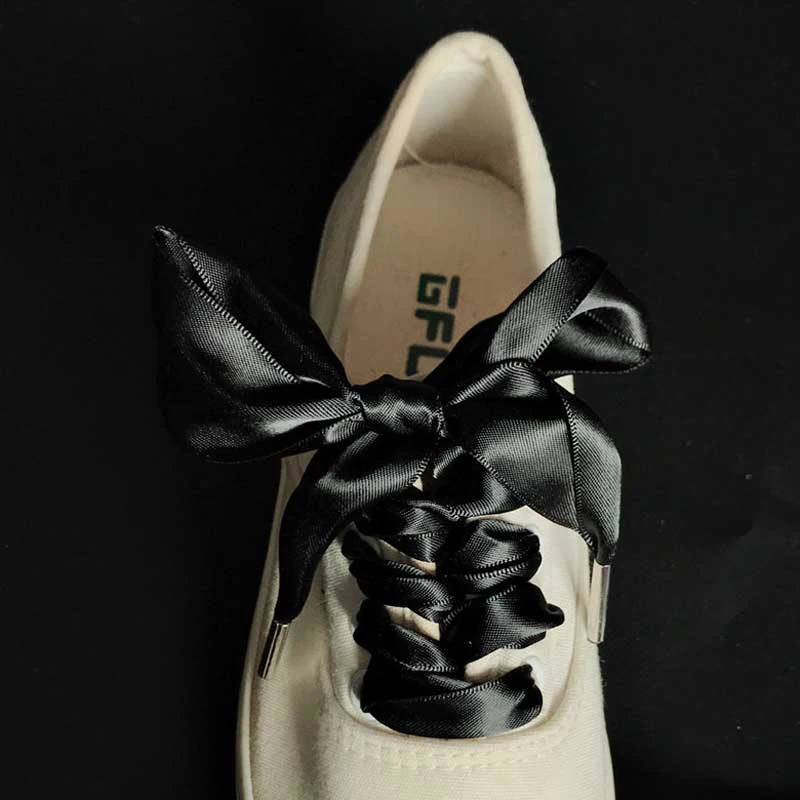 1 Pair Shoelaces Wide 3 cm Thin Polyester Imitation Satin Metal Head Laces Double Sided Canvas Shoes Lace Black White Khaki Pink