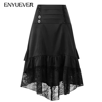 

Enyuever Steampunk Gothic Skirt Women Irregular High Low Vintage Ruffled Button Black Lace Victorian Style Medieval Party Skirt