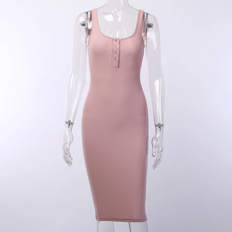 V-neck Knitted Elastic Sleeveless Button Knee-length Bodycon Dress