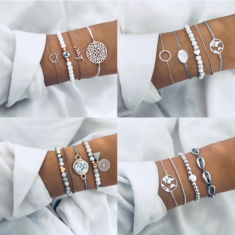 

Yobest Vintage Bohemian Geometric Rope Sequin Stone Bracelet Set for Women Moon Map Elephant Heart Leaf Female Jewelry