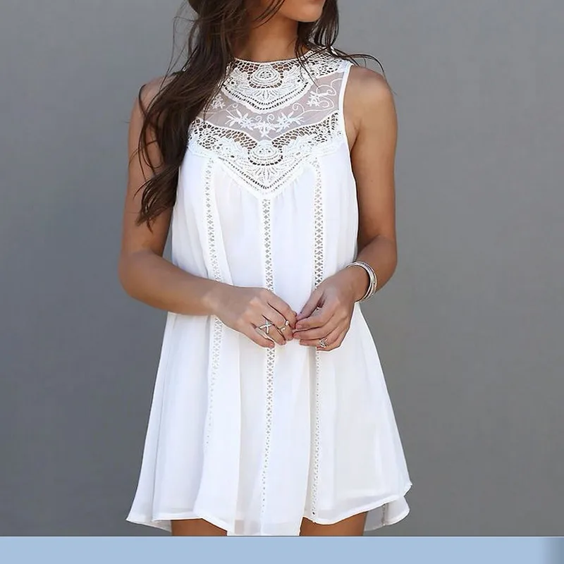 

Simple Chffion Dress Womens Lace Spliced Sleeveless Solid Color Beach Slim Dress Sundress US