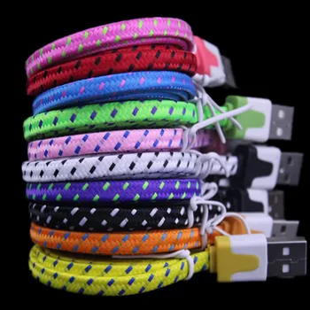 

100pcs/lot Colorful 3FT 1M Flat Noodle Fabric Nylon Braided USB cable Accessory Bundles for mobile Phone 6 plus 5 5S 5C free shi