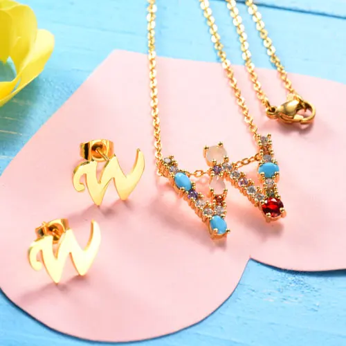 

Baoyan Trendy Letter Necklace Women Bead rainbow Pearl Jewelry Set Anniversary Wedding Jewelry Stainless Steel Earrings Set