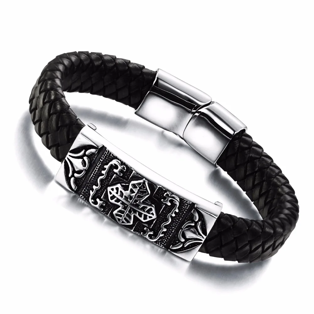 Hot Sell Drop Shipping Black Leather Cross Bracelet for Man High