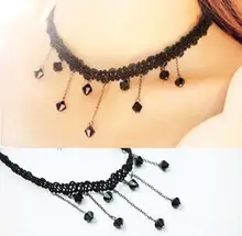 Gothic Victorian Crystal Tassel Tattoo Choker Necklace Black Lace necklace Vintage Women Wedding Jewelry bead pendant necklaces