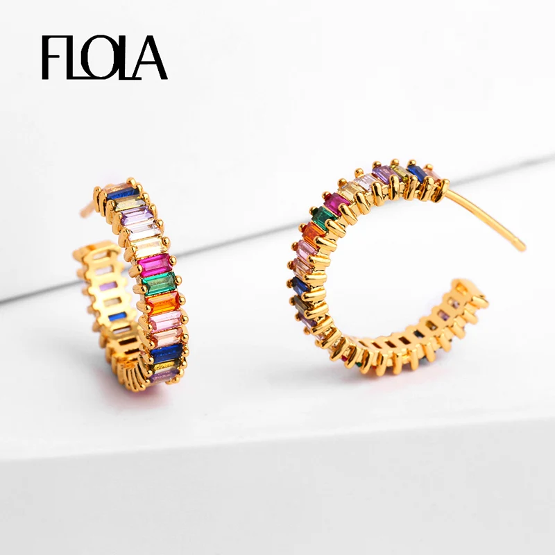 

FLOLA Delicate Rainbow Baguette Earring For Woman Cubic Zirconia Hoop Earrings Pendientes Fashion Huggie Jewelry 2019 ersq06