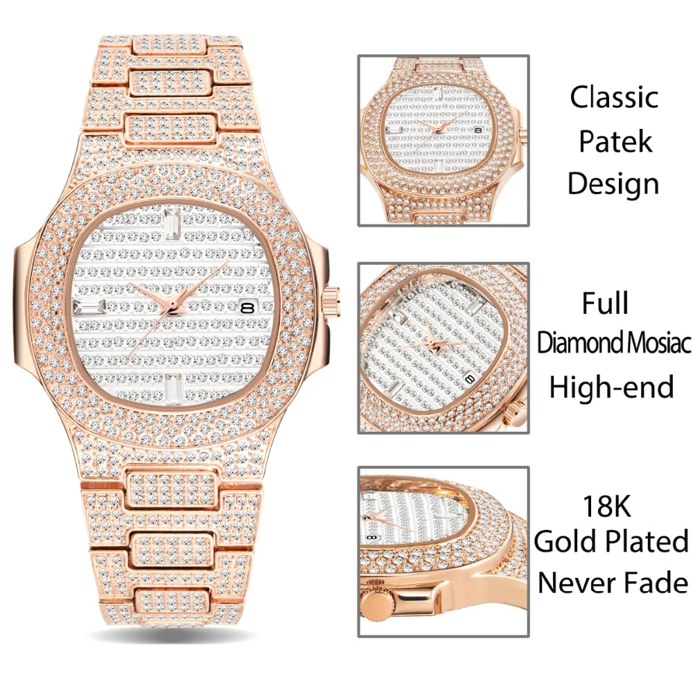 Дропшиппинг роскошные часы мужские часы Patek из розового золота аналоговые водонепроницаемые кварцевые часы Календарь Бизнес часы с бриллиантами