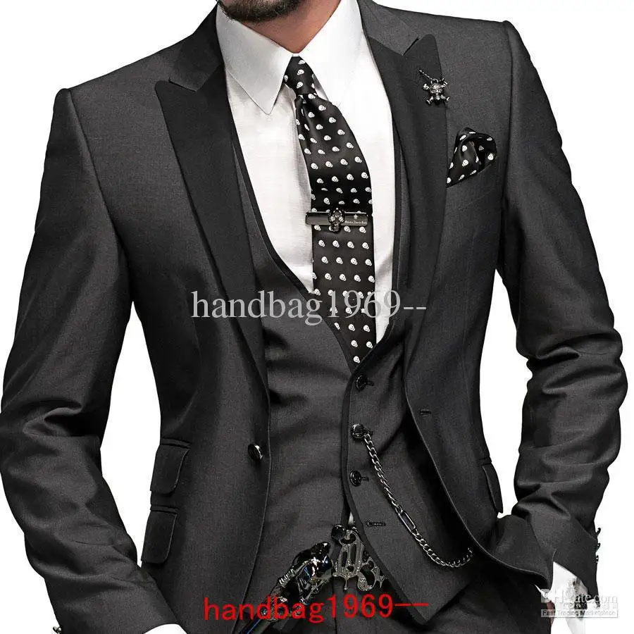 One button Charcoal Groom Tuxedos Best Man Suits Groomsmen Men Wedding Suits Jacket+Pants+Vest+Tie OK:324