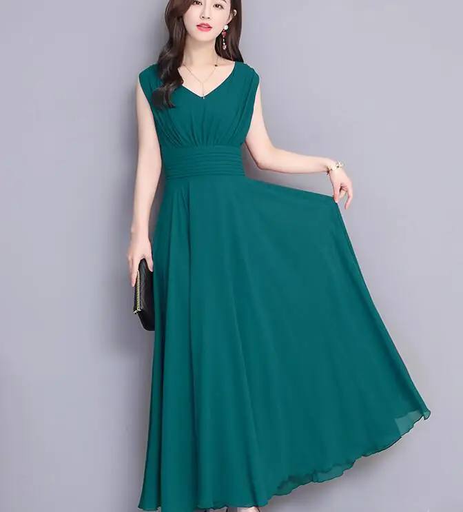 

2019 Summer New Arrival Bohemian Style V Collar Short Sleeve Solid Color Woman Chiffon Long Dress