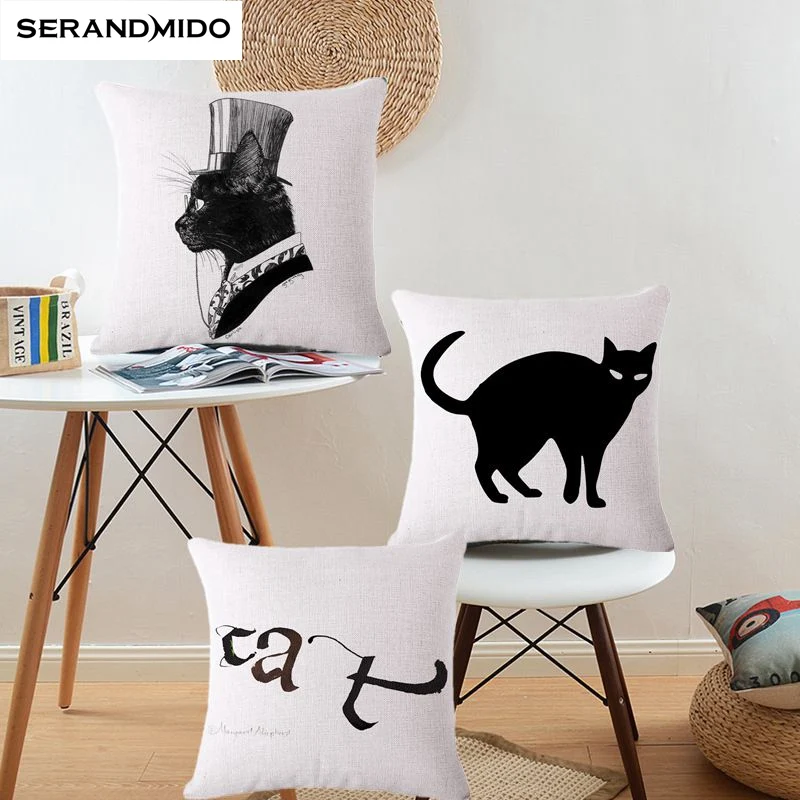 Buy Cat Series Cushion Cover Cotton Linen Black Cat