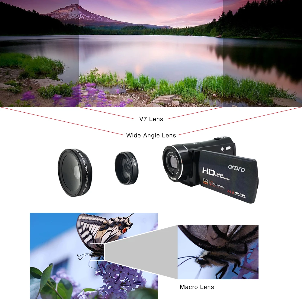 Ordro цифрового видео Камера hdv-v7 1080 P 30fps FHD видеокамера с Широкий формат объектив и микро объектив Комплект Дистанционное управление HDMI Выход