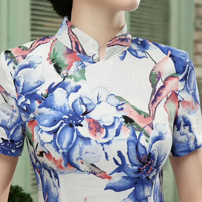 Sheng Coco Летнее льняное платье Чонсам китайское Ретро длинное Qipao Листья печати женские льняные китайские платья микро-эластичный