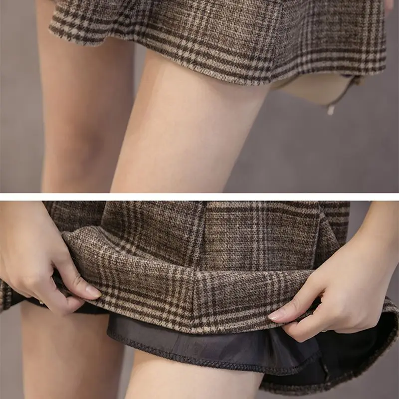 Винтажная Женская юбка тонкая высокая талия ретро клетчатая юбка осень зима шерстяная теплая мини-юбка