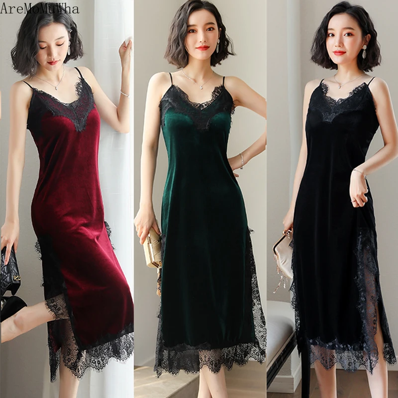 AreMoMuWha 2022 New Autumn Velvet Dress Small Dress Temperament In The Sleeves Gauze Stitching Slim Slimming V-neck Dress MH223