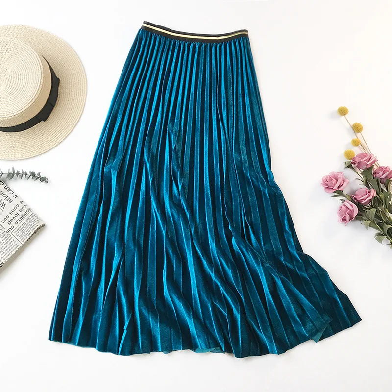 Дикий золото бархатные юбки женские осенние и зимние Новые длинный абзац плиссированная юбка бархат был тонкие словом большие качели юбка