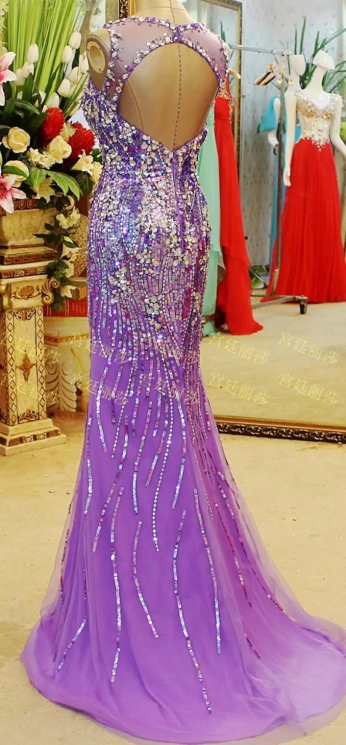 Роскошный кристалл бисера спинки формальные невесты замуж фиолетовый длинные сексуальные тюль для торжеств и вечеринок платья пром платья