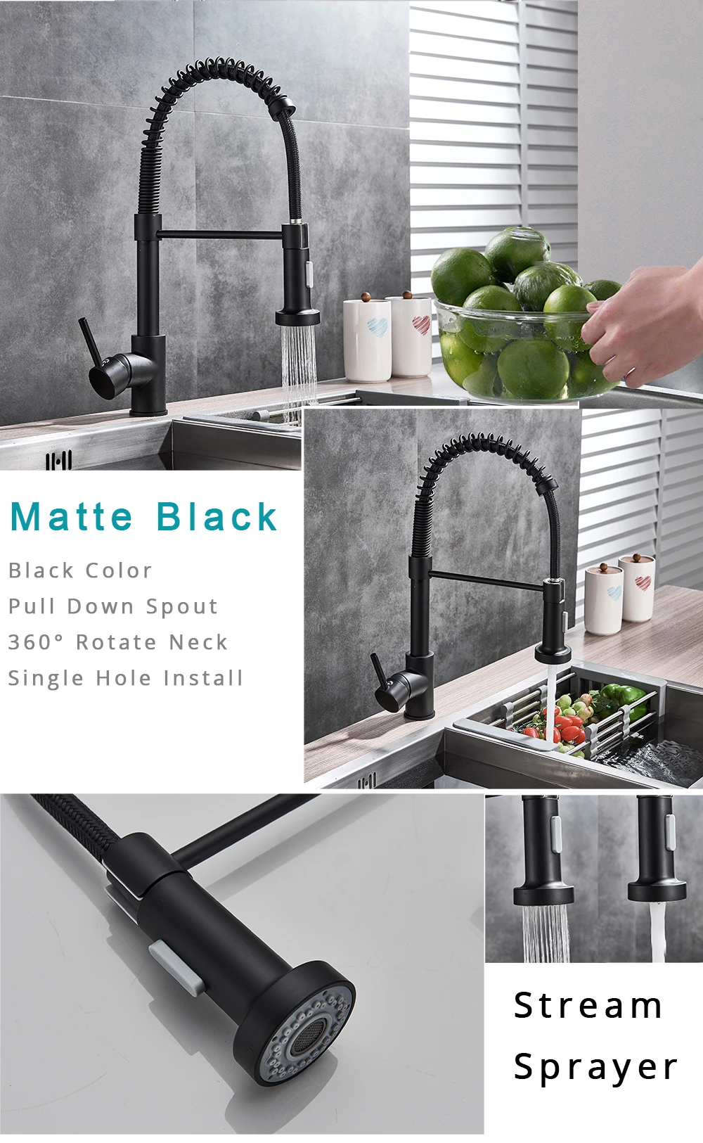 Rozin Matte Black Kitchen Faucet Deck Mounted Mixer Tap 360 Degree Rotation Stream Sprayer Nozzle Kitchen Sink Hot Cold Taps