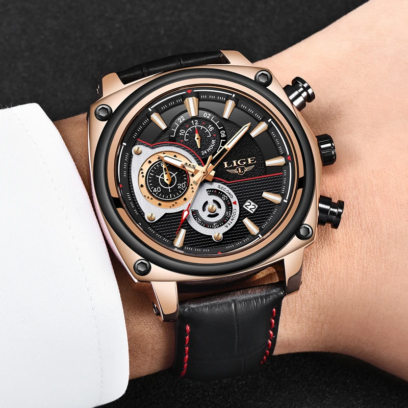 2019 Relogio Masculino LIGE Male Casual Leather Watch Mens Watches Top Brand Luxury Quartz Clock Men Waterproof Sport Wristwatch