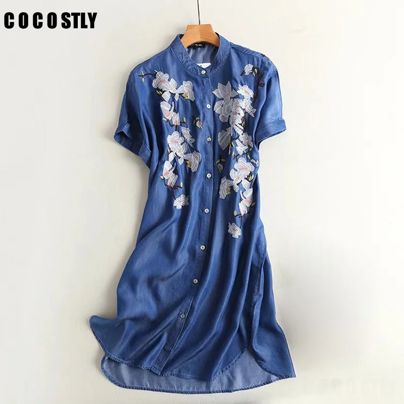2017 New Fashion Spring Casual Denim Dresses Women Short Sleeve Single Breasted Vintage Floral Embroidery Jeans Dress Vestidos