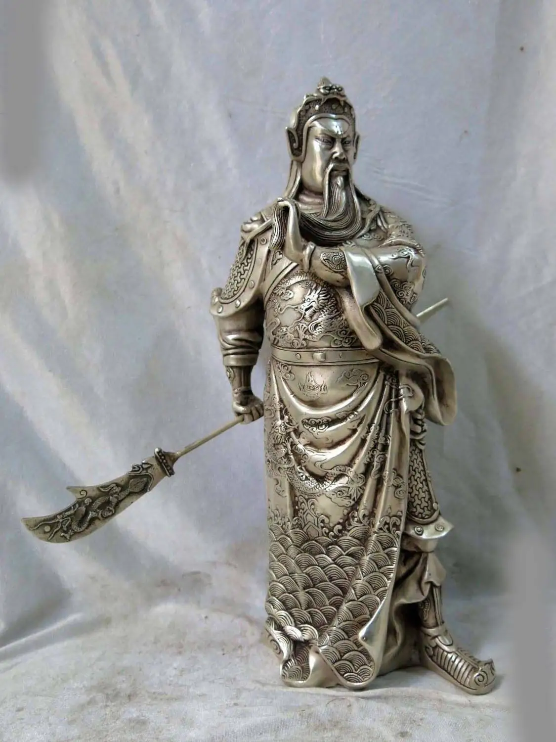 

16" China Silver fine carved lucky dragon Guan Yu buddha Sculpture Statue