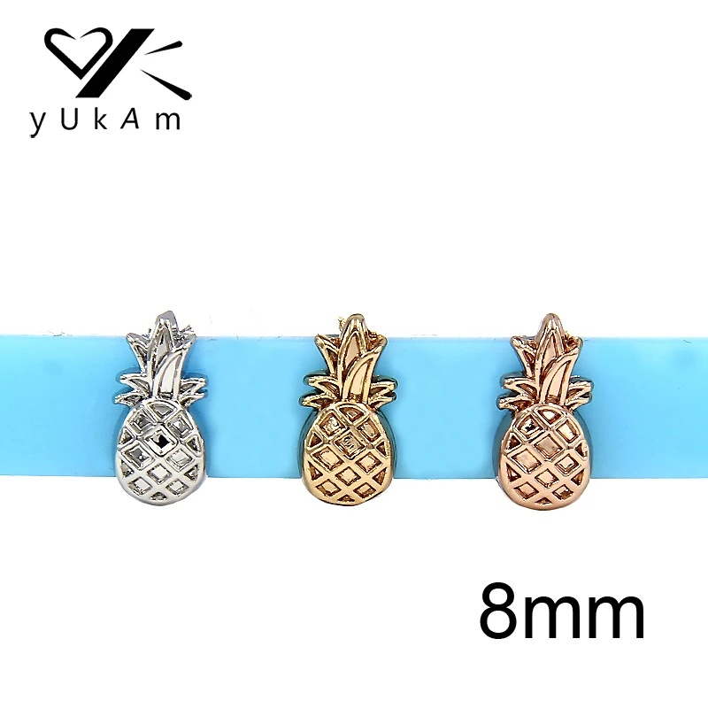 

YUKAM Jewelry Sliders 8mm Cute Fruit Silver Gold Pineapple Slide Charms Keepers for Mesh Keeper Bracelets DIY Accessories Making