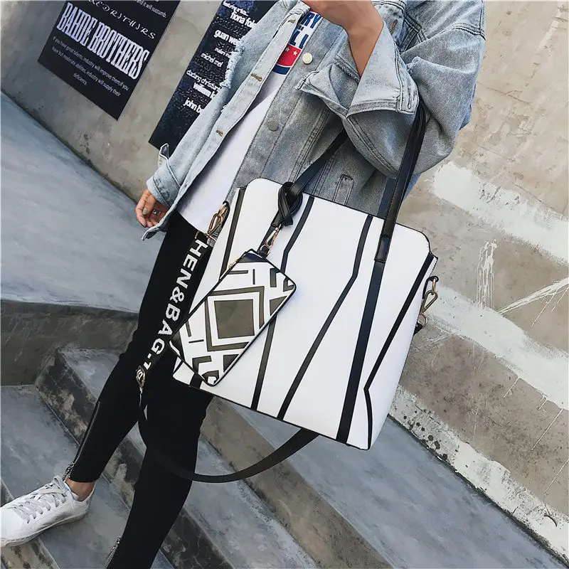 

Fashion Stripe Women Handbag PU Leather Women Bag With Purse Large Capacity Tote Bag Big Ladies Shoulder Bags Famous Brand Sac