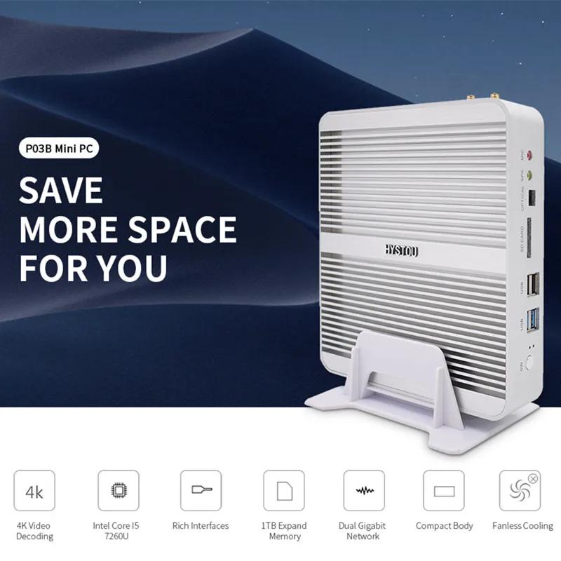 

HYSTOU P03B Windows 10 Mini PC Intel Core I5 7260U Intel HD Graphics 640 Expandable 1TB 2.4G WiFi 1000Mbps BT4.0 PC