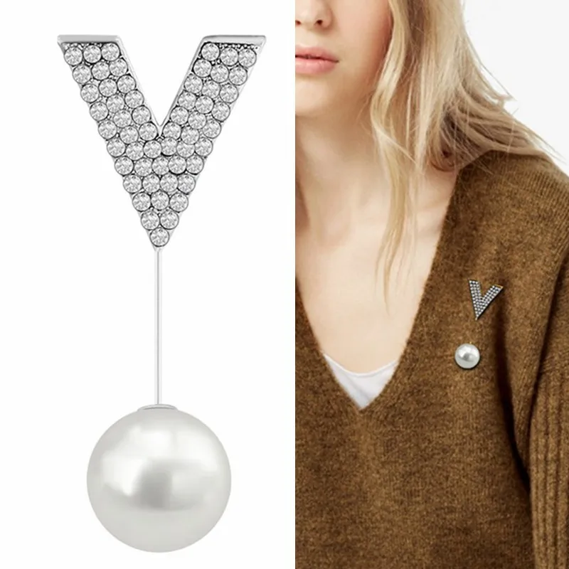

SHIFEEL 2019 New Fashion Europe America Popular Letter V design Pearl Pendant Pin shape Personality Simple Brooch For Women