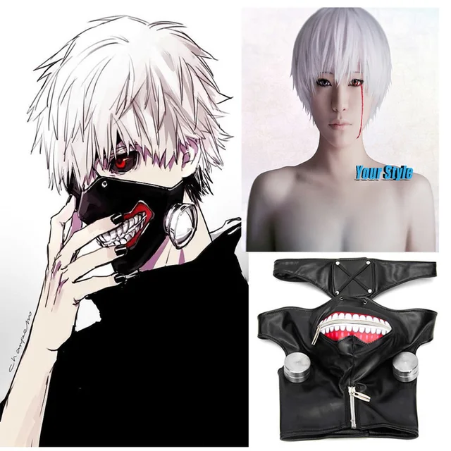 Tokyo Ghoul Mask Kaneki Ken Wig Synthetic Pixie Cut Wig White