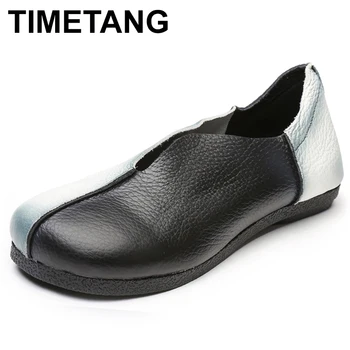 

TIMETANG Flat Shoes Handmade Single shoes Mixed Colors Genuine leather Women's shoes Round head Shallow Women Flats C342