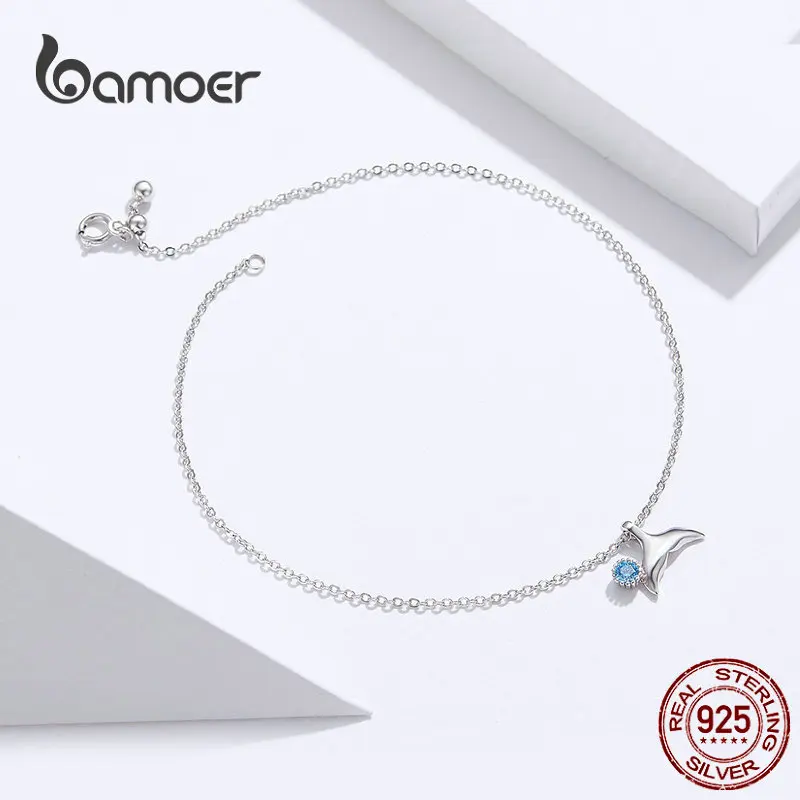 bamoer Blue Ocean Mermaid Bracelet for Ankle 925 Sterling Silver Fish Tail Foot Anklets Bracelets Jewery for Leg SCT004