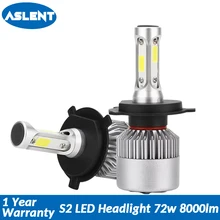 Aslent S2 H4 LED H7 H11 H1 Car Headlight H8 9005 HB3 9006 HB4 9004 9007 H3 Bulb Lamp COB Auto Fog Lights 6000K 72W 8000lm 12V