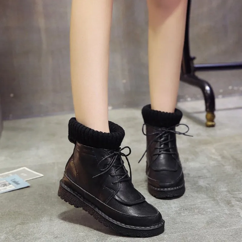 COOTELILI Women Boots Ankle Boots 2018 Winter Shoes Lace-Up Knitted Flat Shoes Rubber Boots Women Leather Shoes 3cm Heel  (2)