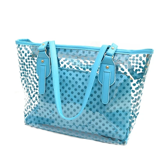 

Ladies Dots Pattern Transparent Zipper Panel Design Carrying Bag with Pocket, One Size
