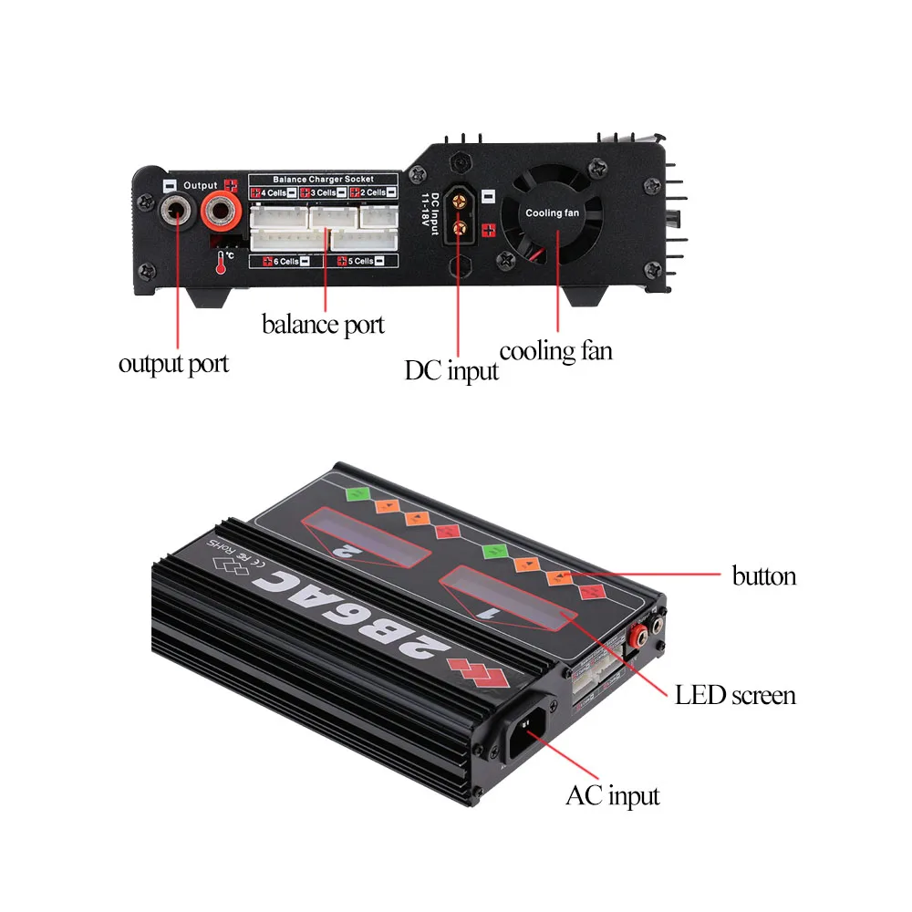 Exiron Brand 2B6AC 2 X 50W Dual Power Multifunction AC DC Balance Charger Discharger for RC LiPo LiLo Life MiMh NiCd PB Battery 