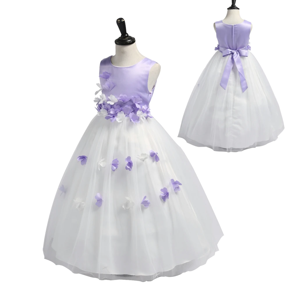 

Free Shipping Ankle Lenght Girl Party Dress 2019 New Arrival Child Pageant Dresses patchwork Flowers Kids Evening Gowns Lavender