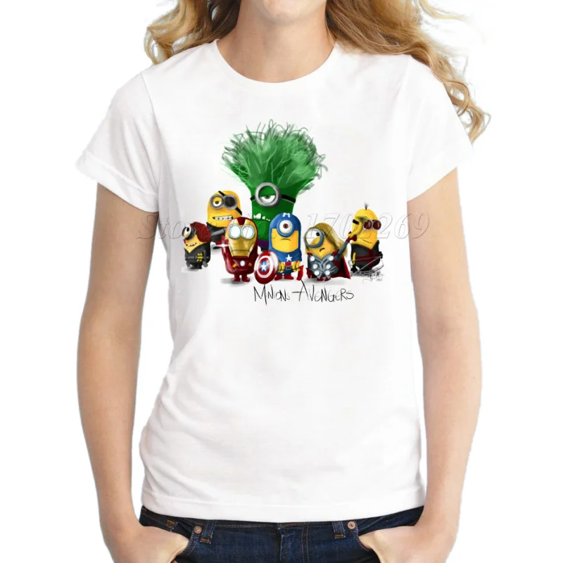 

Asian Size Minions Ironman Superman Captain America The Hulk printed funny tops Avengers Costume Comics Superhero women t-shirt