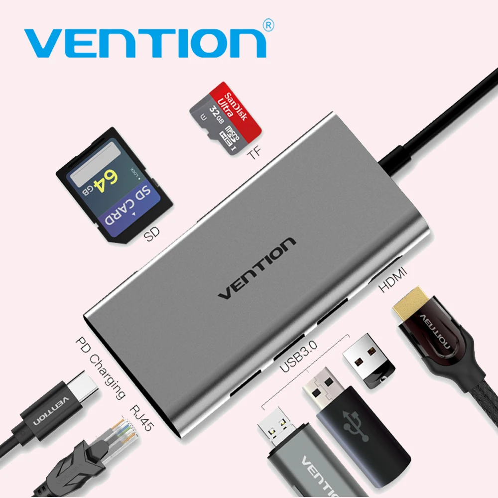 Vention USB C до 3,0 концентратор HDMI RJ45 PD SD/TF кард-ридер адаптер для MacBook samsung S9/S8 huawei P20Pro type-C док-станция