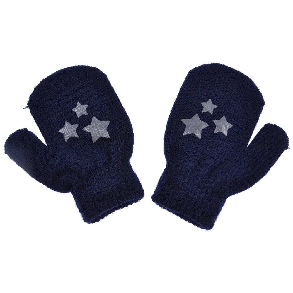 Детские зимние теплые вязаные варежки со звездами и сердечками, утолщенные перчатки для запястья - Цвет: Navy Blue Star