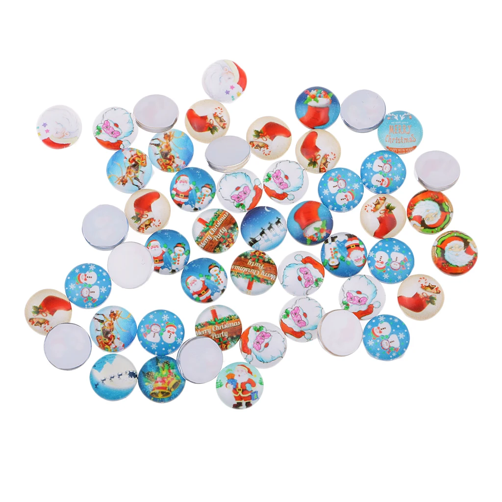 50x Christmas Theme Half Round Flat Back Glass Cabochons 10mm Jewelry Making