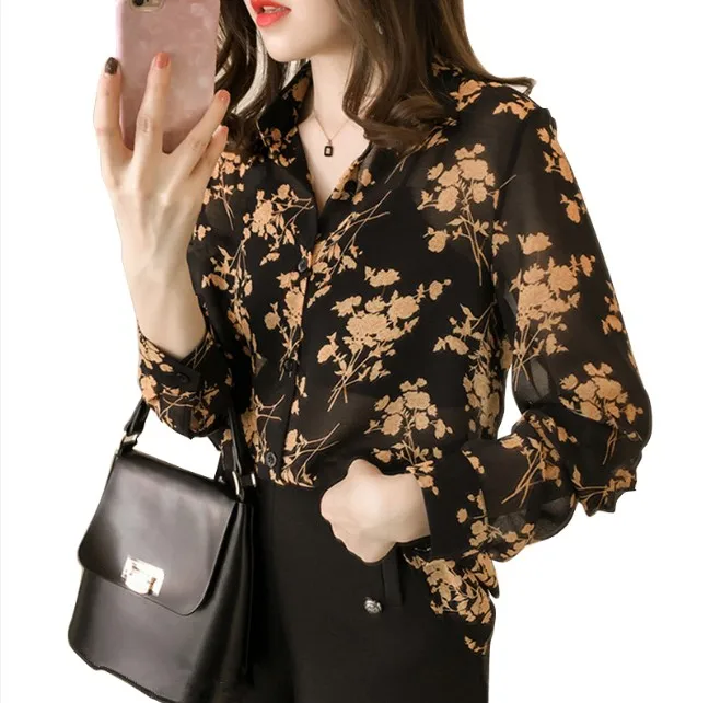Новая рабочая одежда, офисная блуза на пуговицах, женская рубашка, топ размера плюс 4XL, длинный рукав, осенняя Цветочная блузка, Женские топы и блузки s - Цвет: Черный