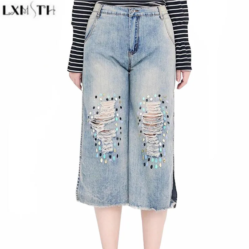 LXMSTH M 7XL Sequin Pants Women 2019 Summer Fashion Split