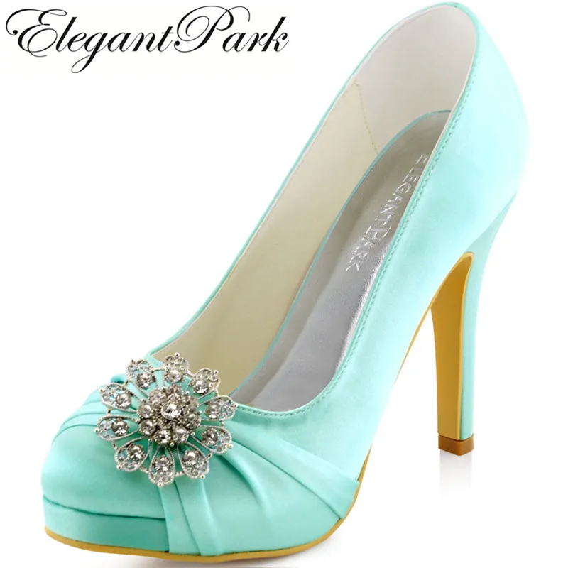 Woman High Heel Wedding Shoes Platform Mint Green Rhinestones Satin ...